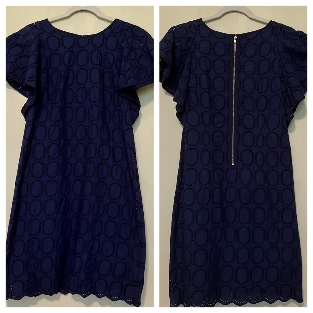 J. Crew Factory Scalloped Eyelet Navy Blue Shift Dress With Flutter Sleeve Sz 2